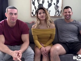 Petite Asian enjoys a spit roast by muscular men
