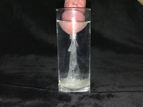 Asian solo boy's underwater cumshot in a glass of water