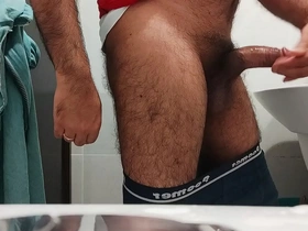 Asian guy with big cock covered in sweaty cum